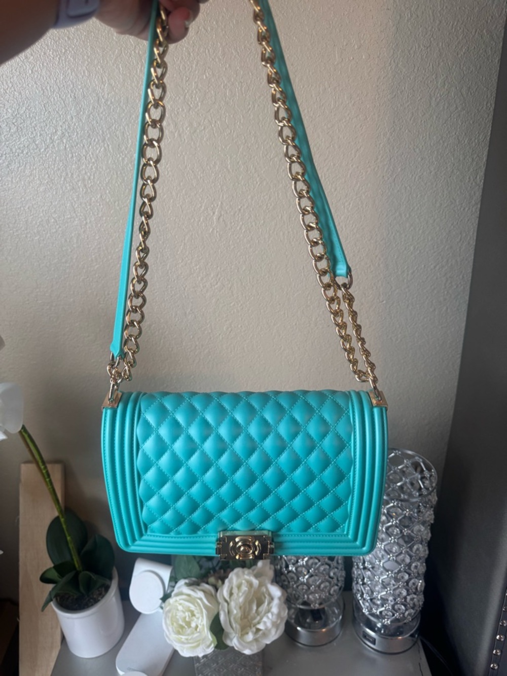 Turquoise Quilted Chain-Handle Shoulder Bag